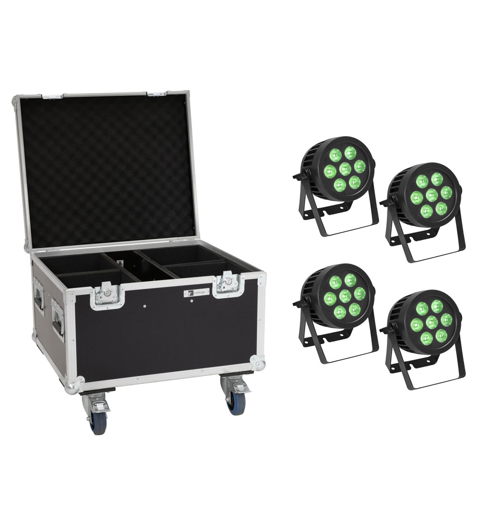 EUROLITE Set 4x LED IP PAR 7x9W SCL Spot + Case mit Rollen