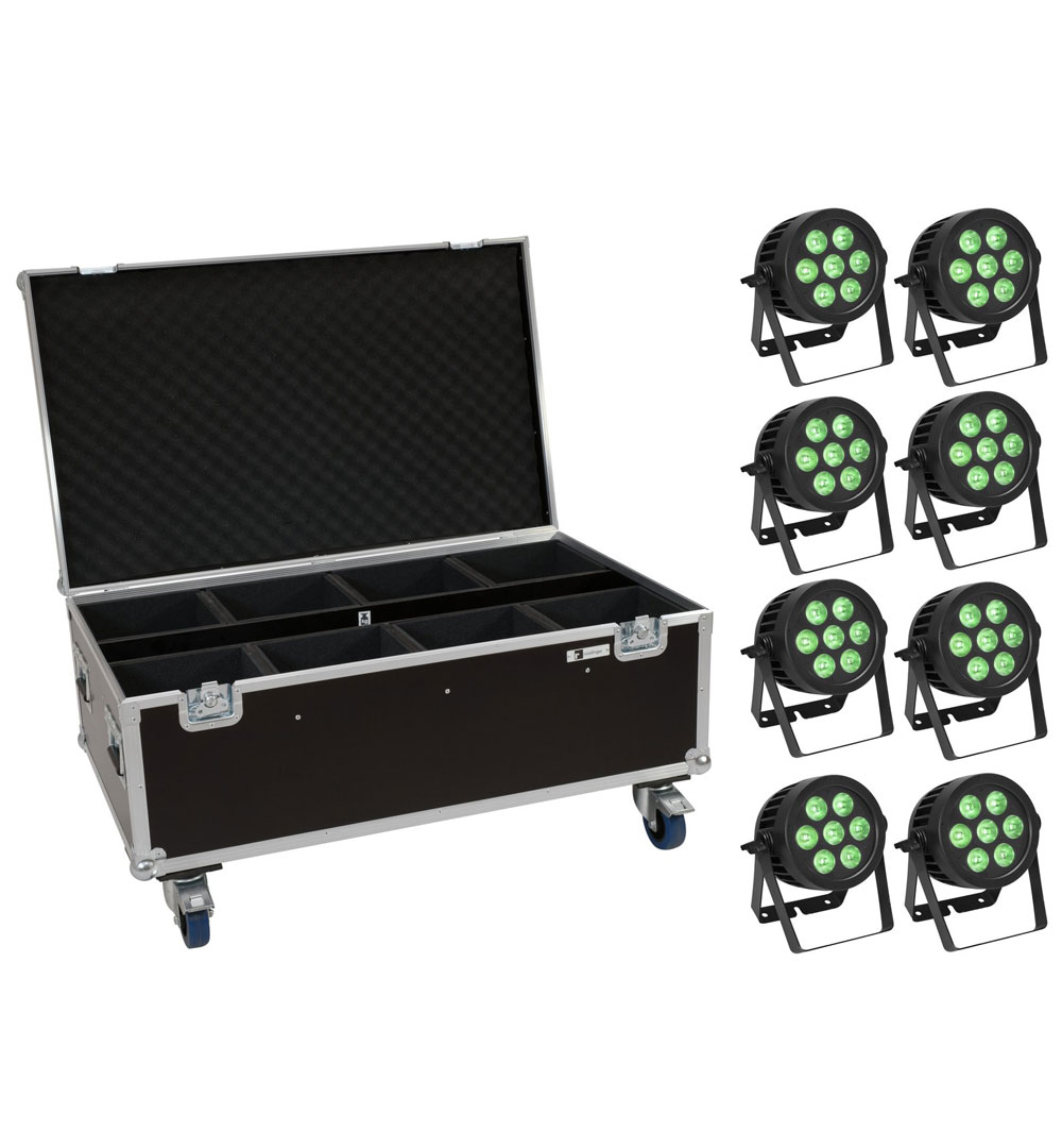 EUROLITE Set 8x LED IP PAR 7x8W QCL Spot + Case mit Rollen